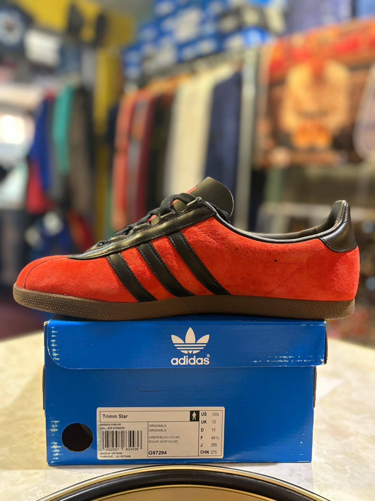 Adidas Trimm Star G97294 Hi-Res Red Black 1 Gum 5 UK 10 box label