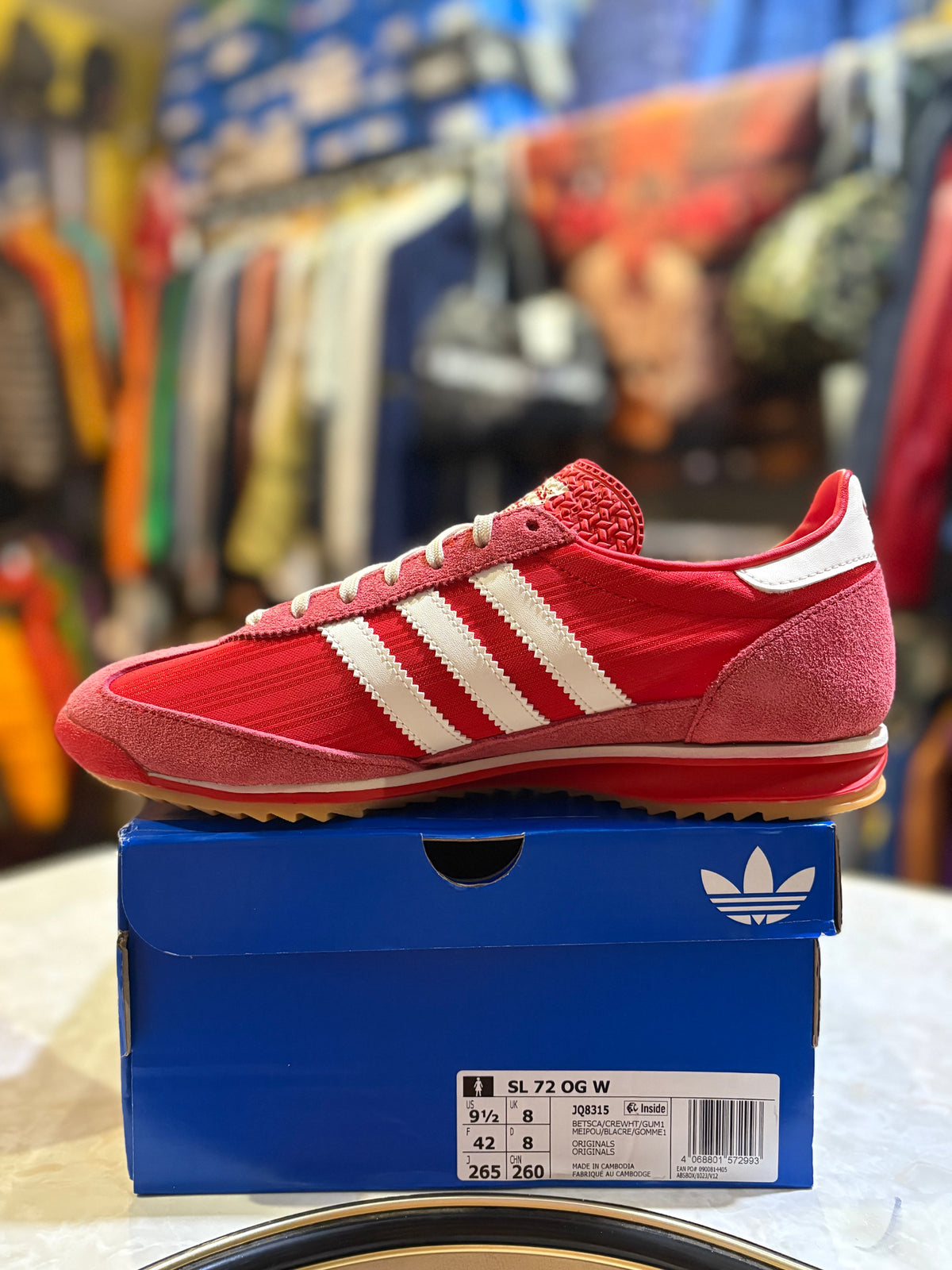 Side view of Adidas SL 72 OG W JQ8315 red and off white trainers, UK 8