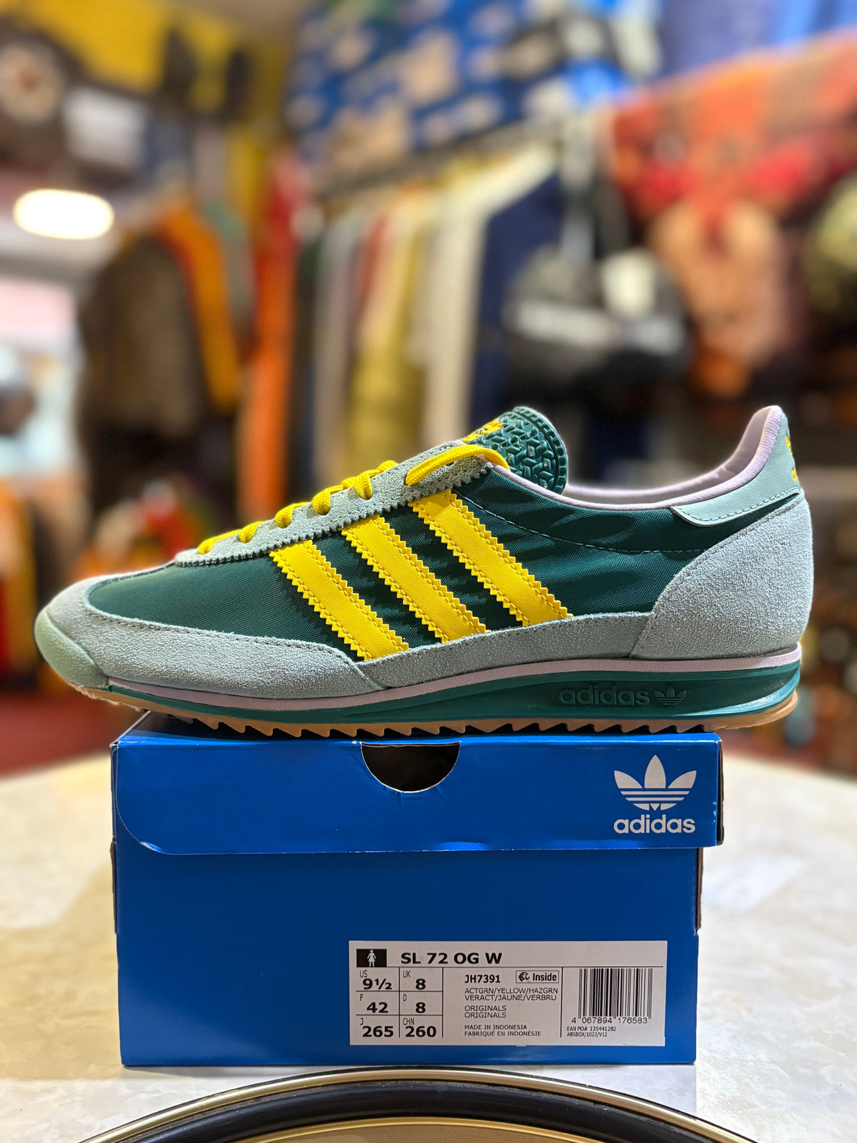 Side view of Adidas SL 72 OG Womens JH7391 Active Green / Yellow / Haze Green