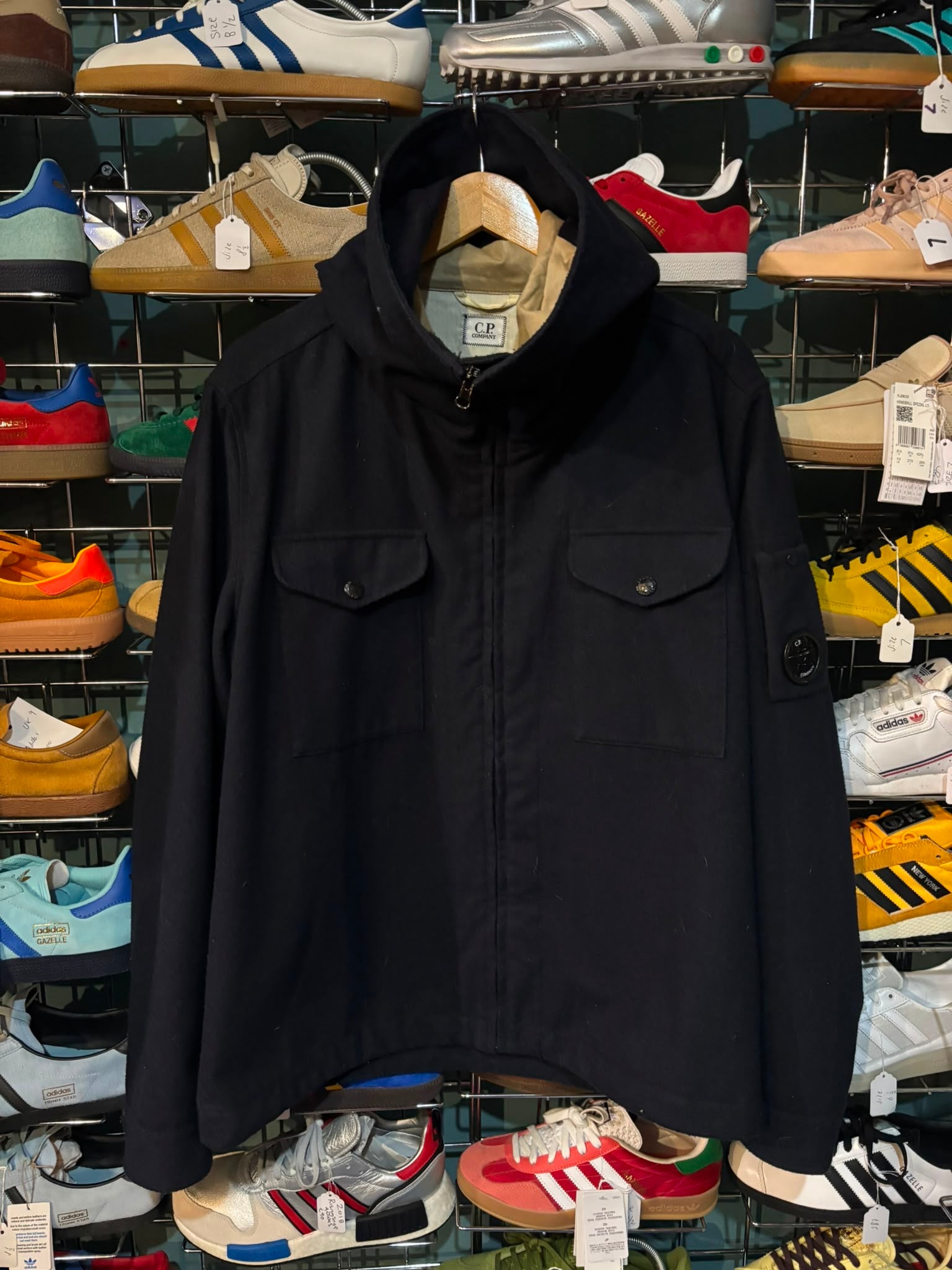 C.P. Company Archive Wool Hooded Field Jacket Navy - front view showing chest pockets and lens pocket detail