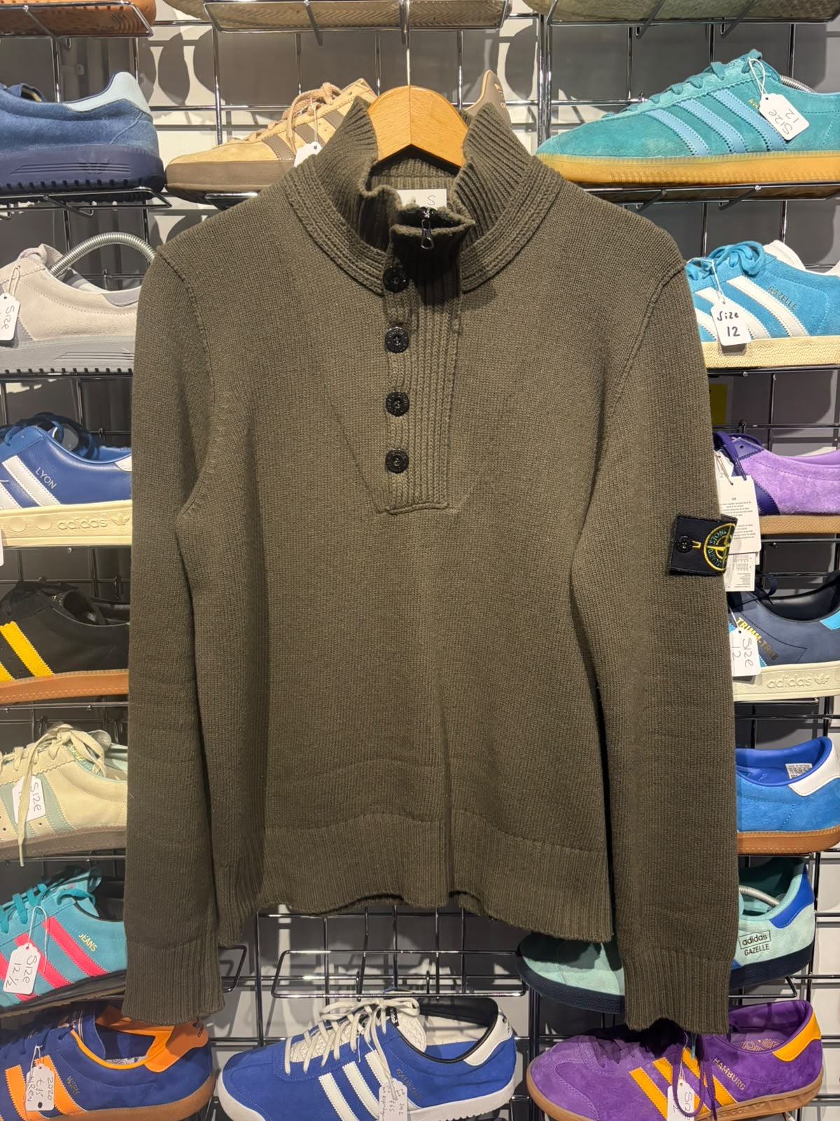 Stone Island military green half-zip jumper front