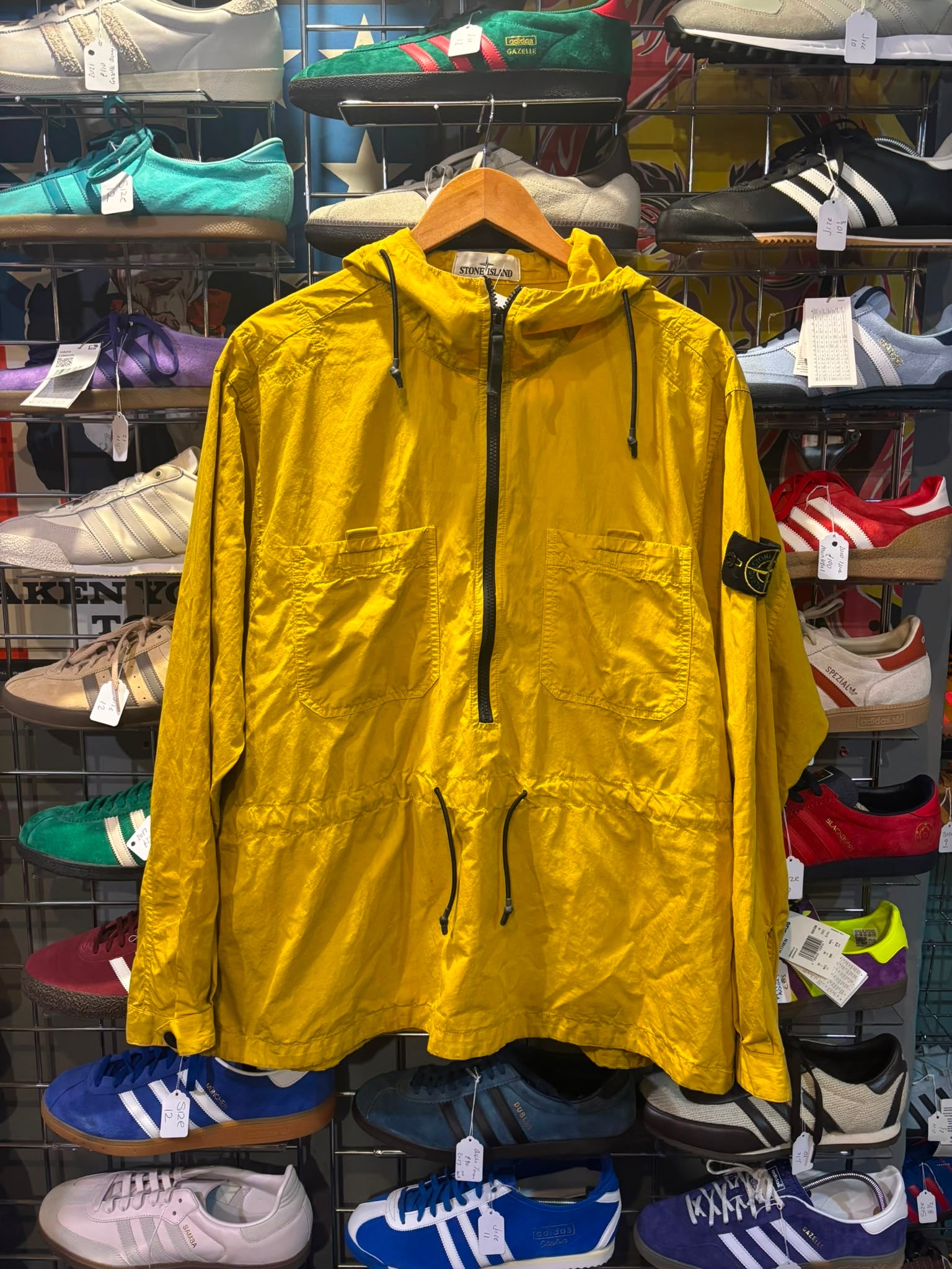 Stone Island Yellow Hooded Smock Jacket - Front view showing compass badge and half-zip