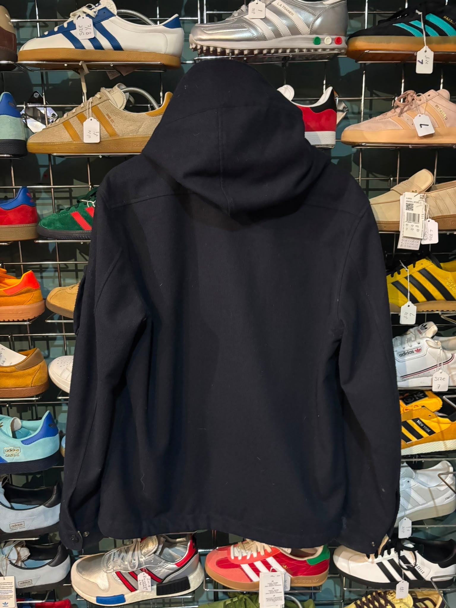C.P. Company Archive Wool Hooded Field Jacket Navy - back view on hanger showing oversized hood