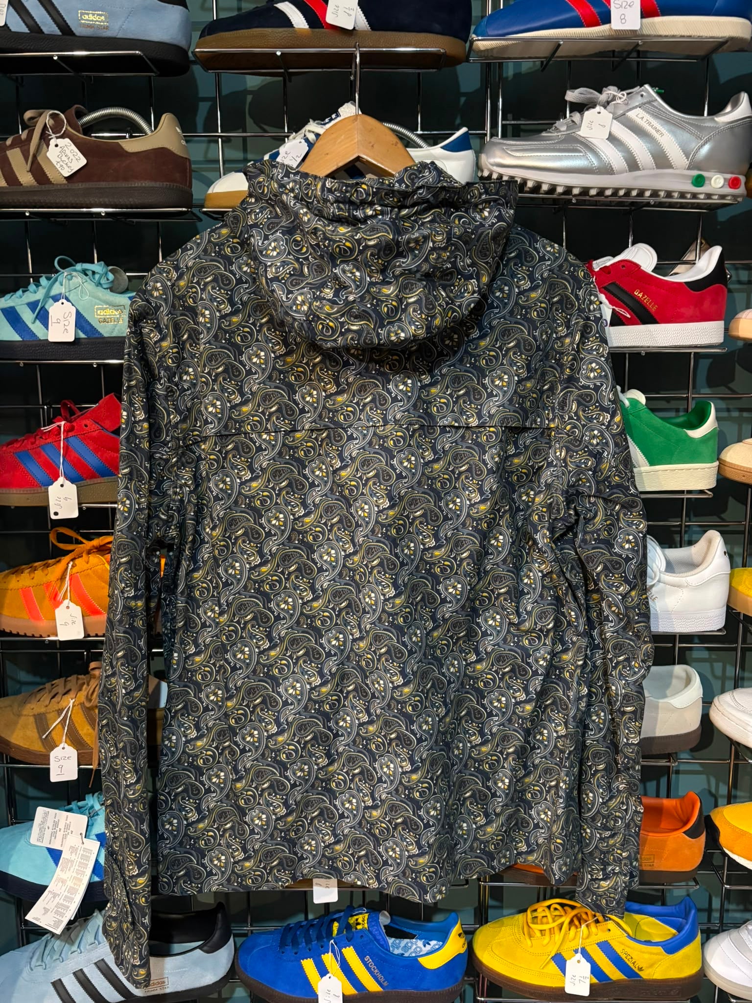Pretty Green Paisley Print Hooded Zip Jacket Navy - Back view on hanger