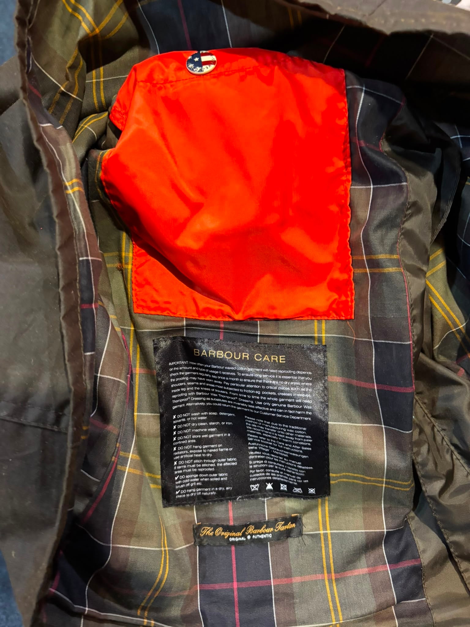 Barbour International Steve McQueen Wax Jacket - inner lining and red pocket