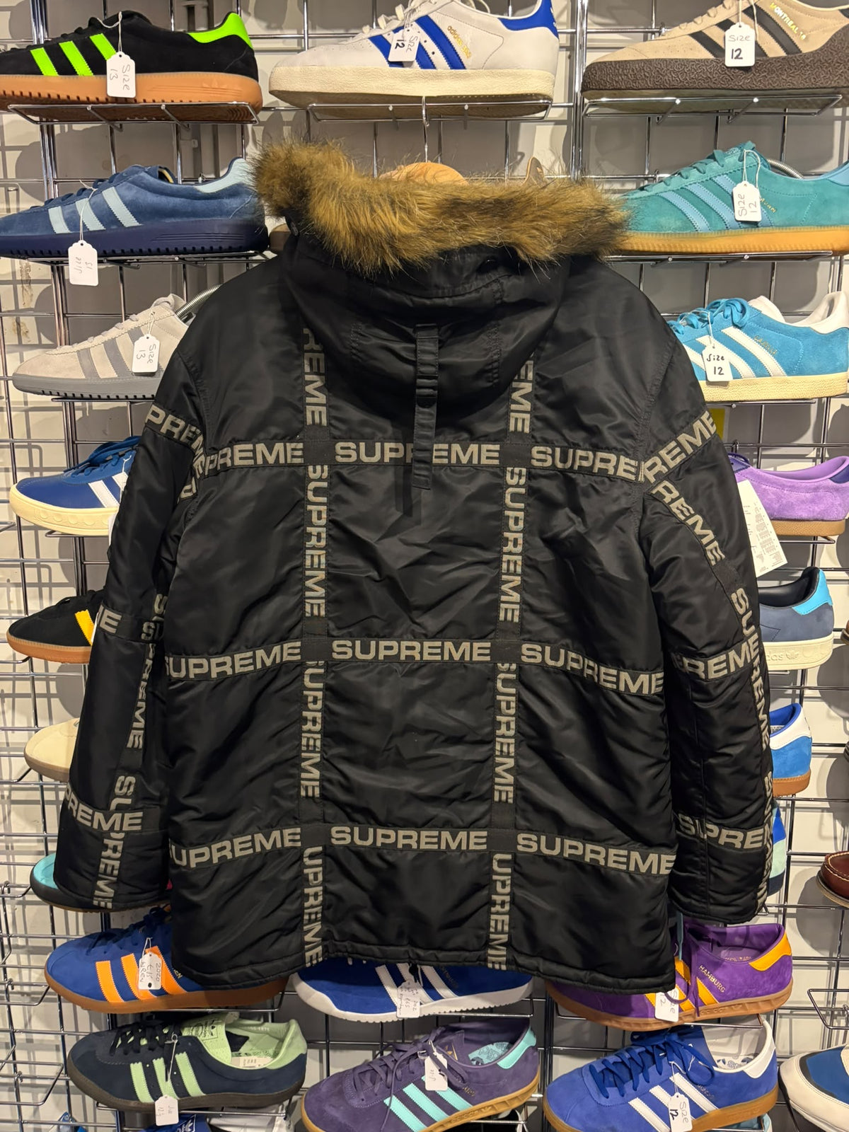 Supreme black Logo Tape N-3B parka rear view