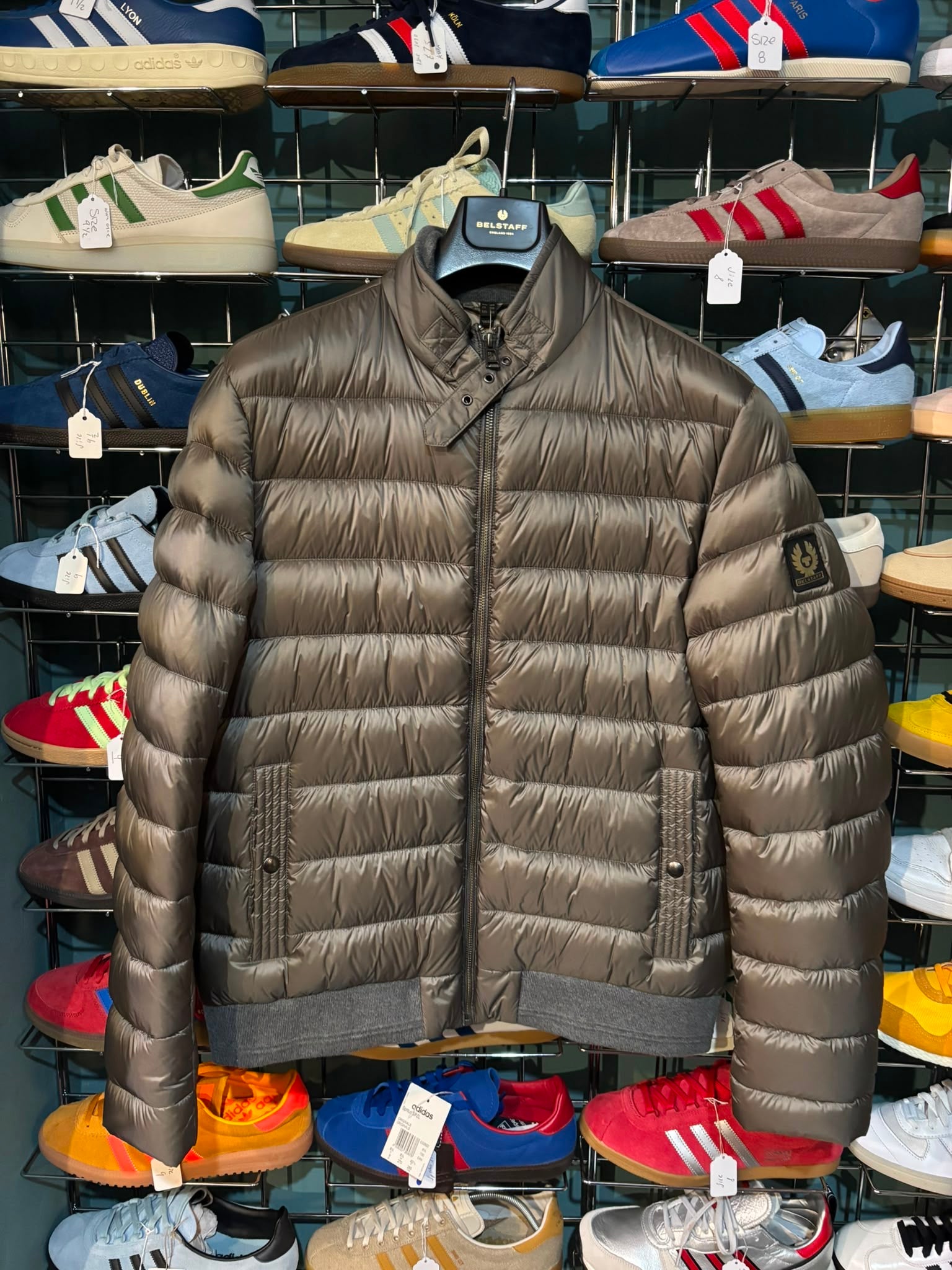 Belstaff Quilted Down Puffer Jacket Bronze Khaki - phoenix badge detail